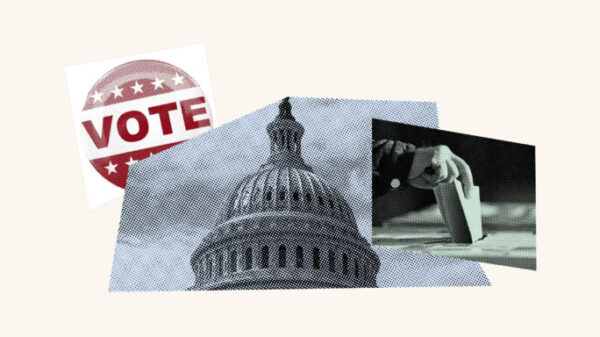 Graphic with state building, vote pin and hand.