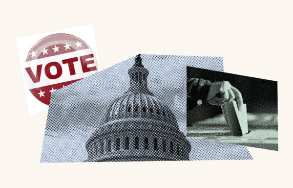 Graphic with state building, vote pin and hand.