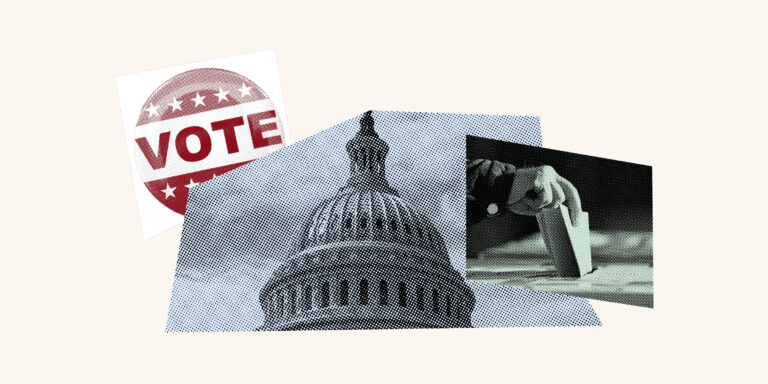 Graphic with state building, vote pin and hand.