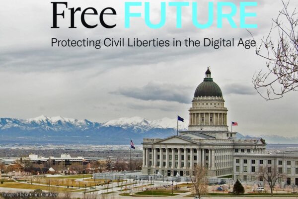 The Utah State Capitol with snowy mountains in the background