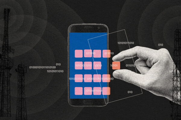 A graphic featuring images pertaining to technology and online censorship.