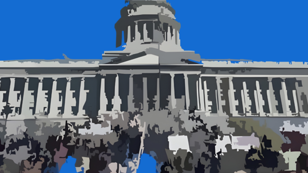 People outside Utah's capitol in watercolor graphic styling.
