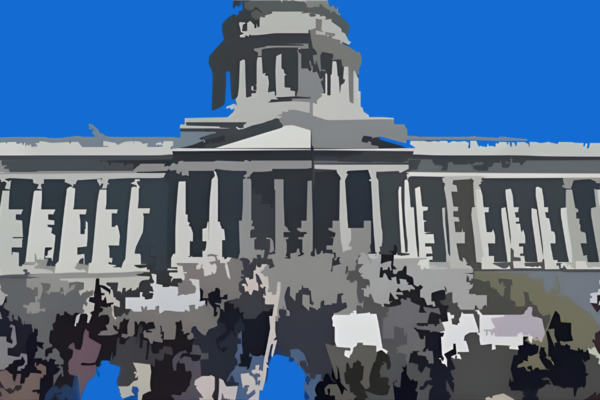 People outside Utah's capitol in watercolor graphic styling.
