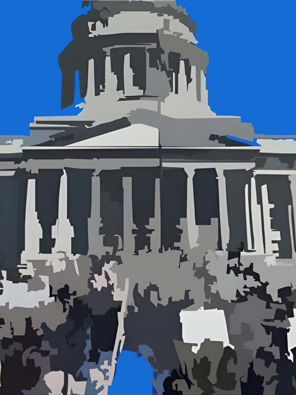 People outside Utah's capitol in watercolor graphic styling.