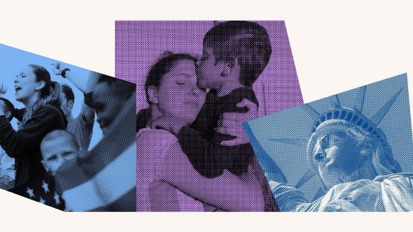 ACLU of Utah graphic showing a group at a protest, a mother hugging her child, and the statue of liberty.