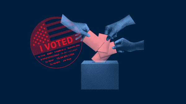 A red and blue collage featuring an “I Voted” sticker and hands placing unlabeled paper into a voting ballot box.