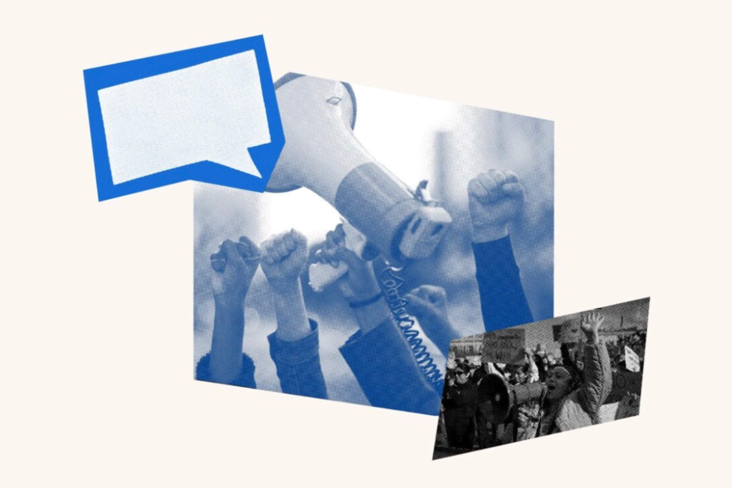 Photo f a speech bubble and protesters.