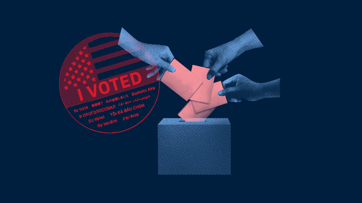 three hands dropping their ballots into a voting box.