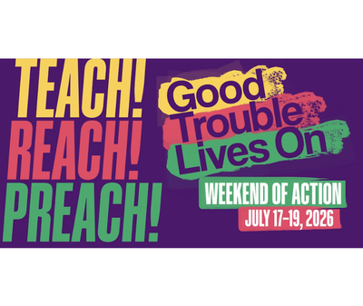 Purple background, with the word Teach in yellow, reach in red, and preach in green with an exclamation point.