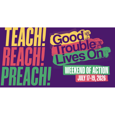 Purple background, with the word Teach in yellow, reach in red, and preach in green with an exclamation point.