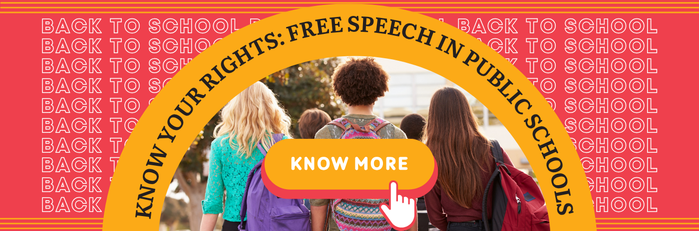 Graphic for ACLU of Utah showing students walking into school under an arch that reads Know your rights: Free speech in public schools.