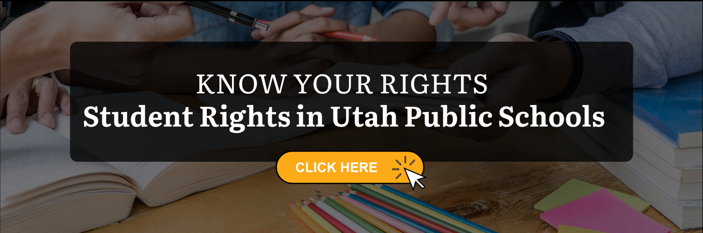Picture of a table with books on it and hands with the words Know Your Rights in Utah Public Schools.
