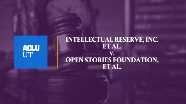 Purple background with text that says "INTELLECTUAL RESERVE, INC. et al., v. OPEN STORIES FOUNDATION, et al."