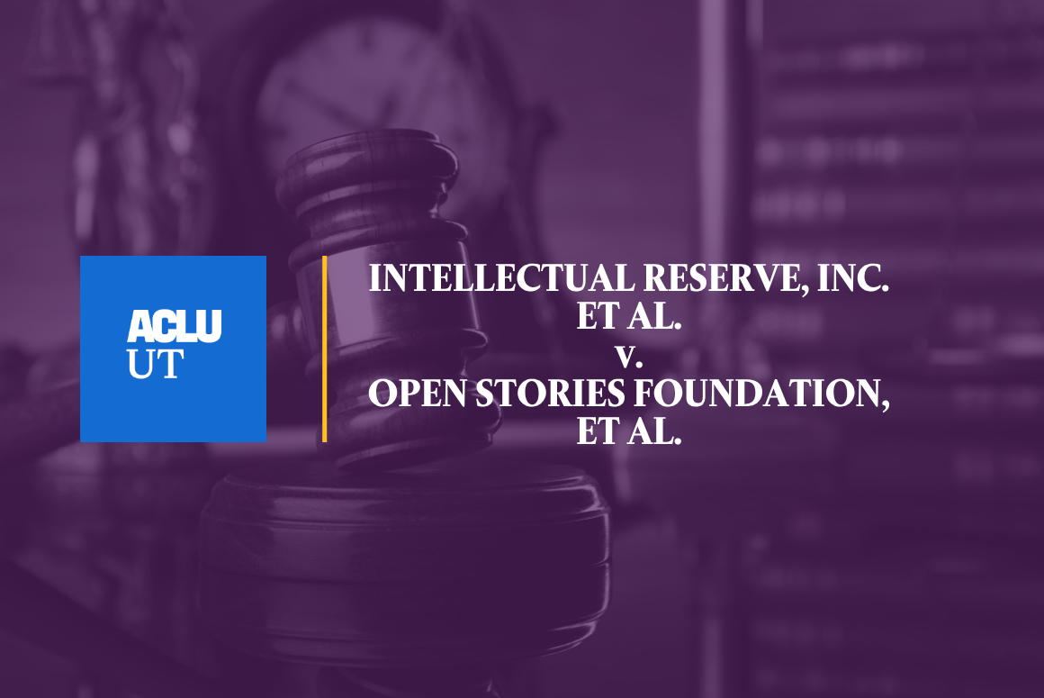 Purple background with text that says "INTELLECTUAL RESERVE, INC. et al., v. OPEN STORIES FOUNDATION, et al."