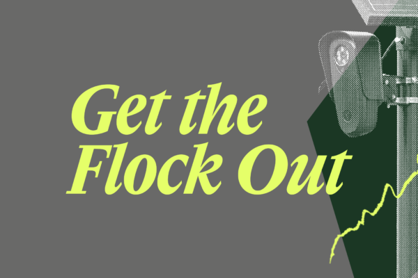 Gray background with the words "Get the flock out" and a flock camera image.