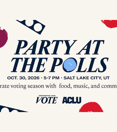 Words "party at the polls" with colorful dots