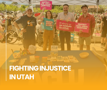 graphic for donations for aclu of utah. Photo of ACLU of Utah staff and supporters at a reproductive justice protest.
