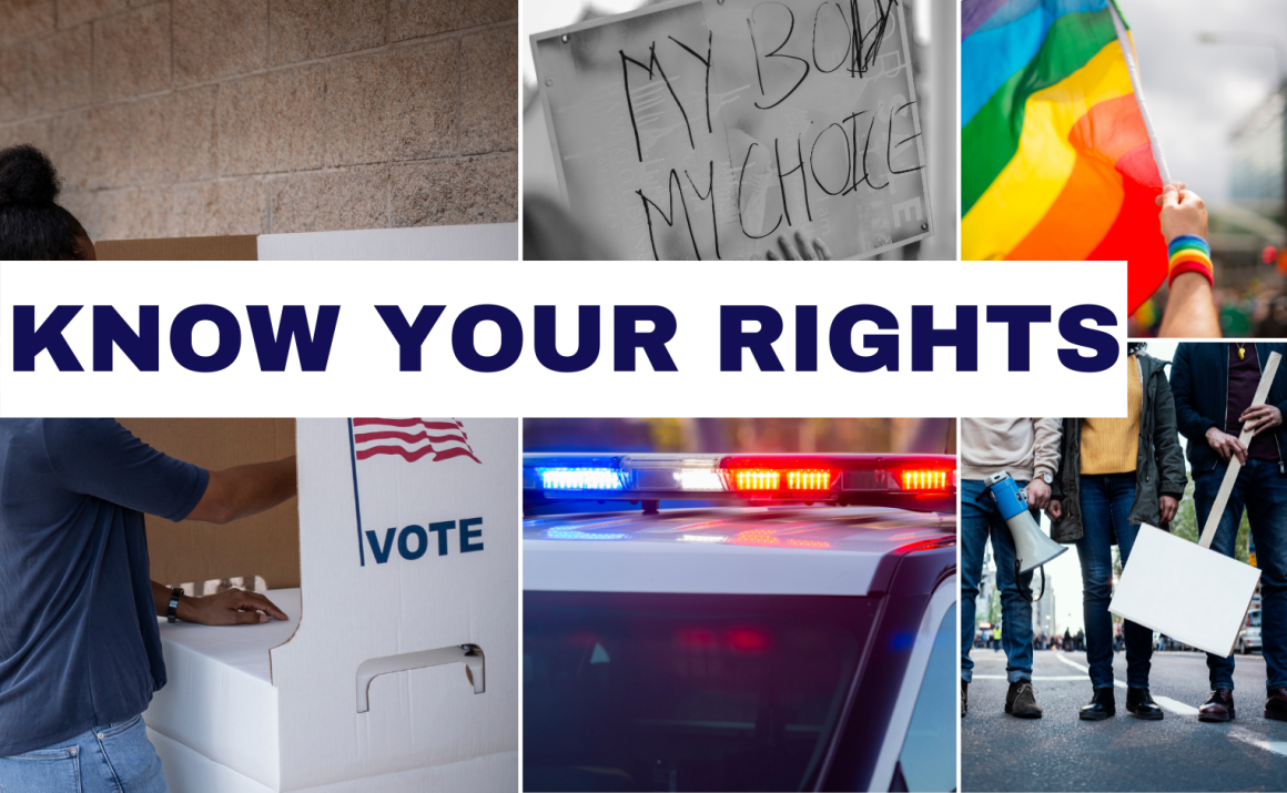 Graphic reads "Know Your Rights" featuring a photo of someone voting, a reproductive freedom protestor, a police car, LGBTQ+ flag, and protestors.