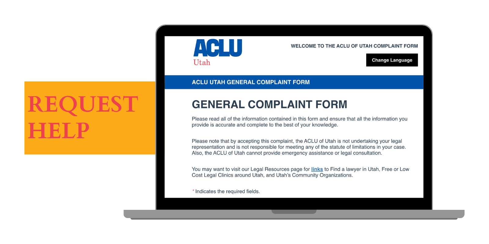 graphic of aclu of utah request help form on a laptop