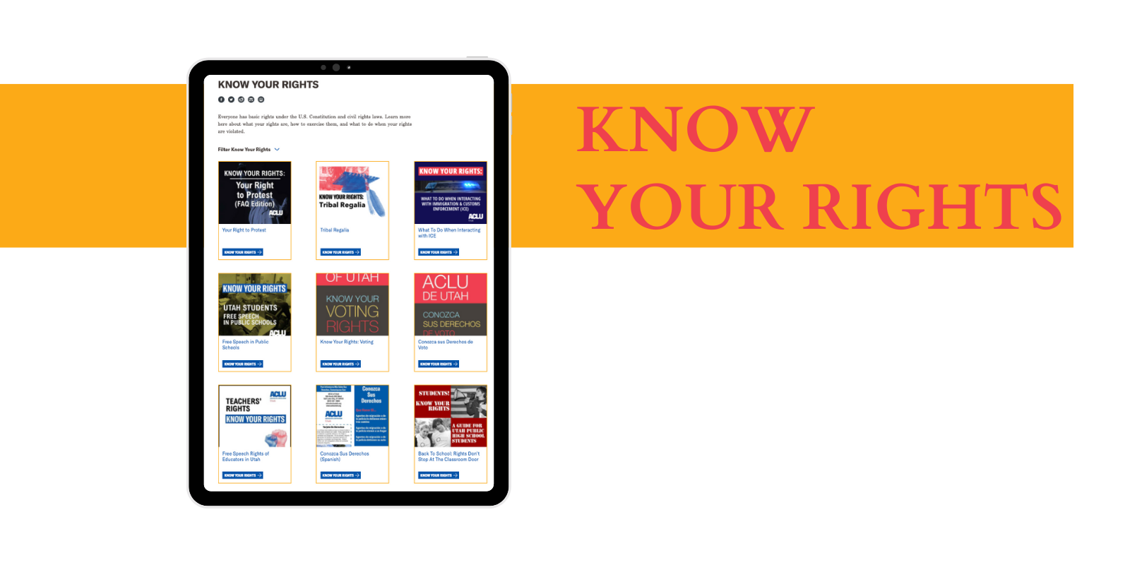 Graphic for aclu of utah know your rights displayed on a tablet.