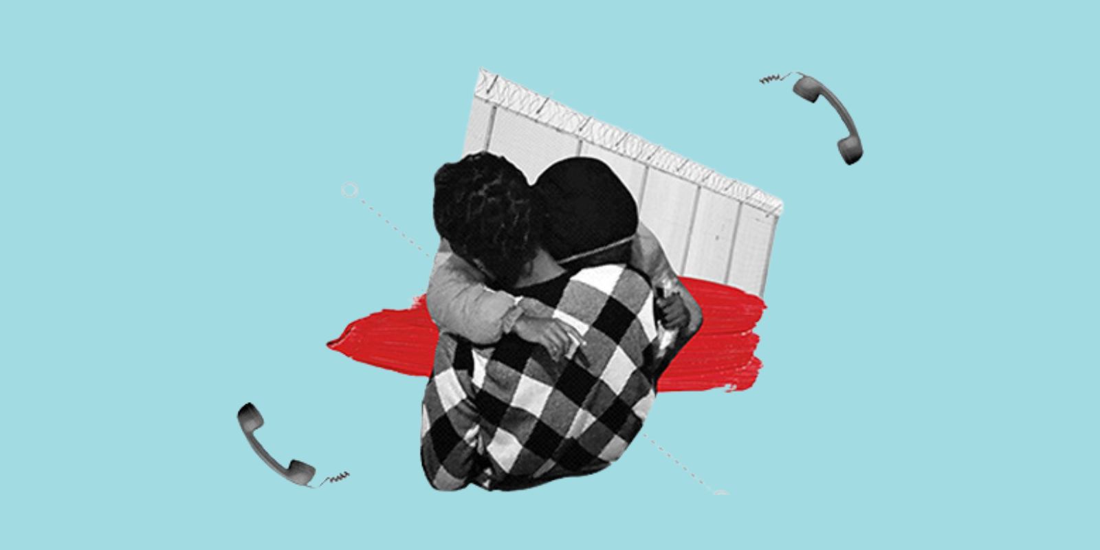 graphic of two people hugging with a boarder wall in the background.
