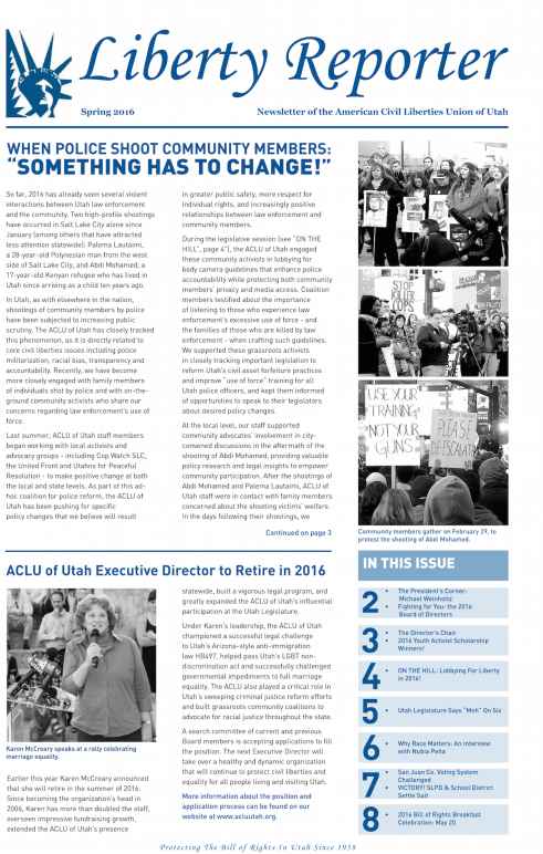 newsletter, Spring 2016, liberty reporter, cover