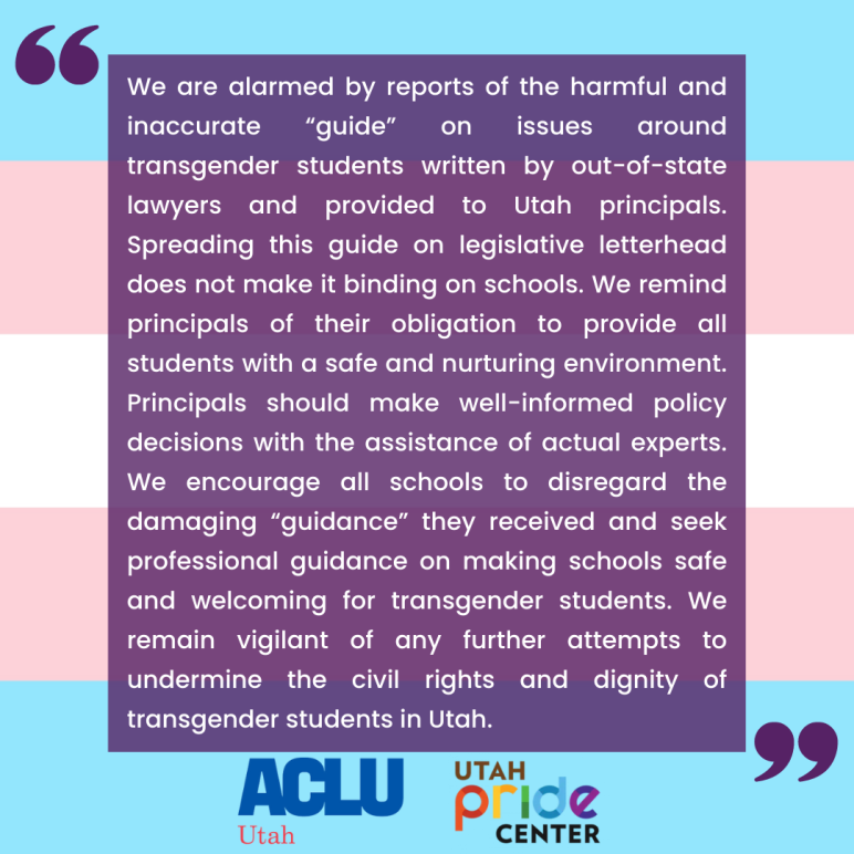 Photo of Utah Pride Center and ACLU response to harmful materials towards trans youth