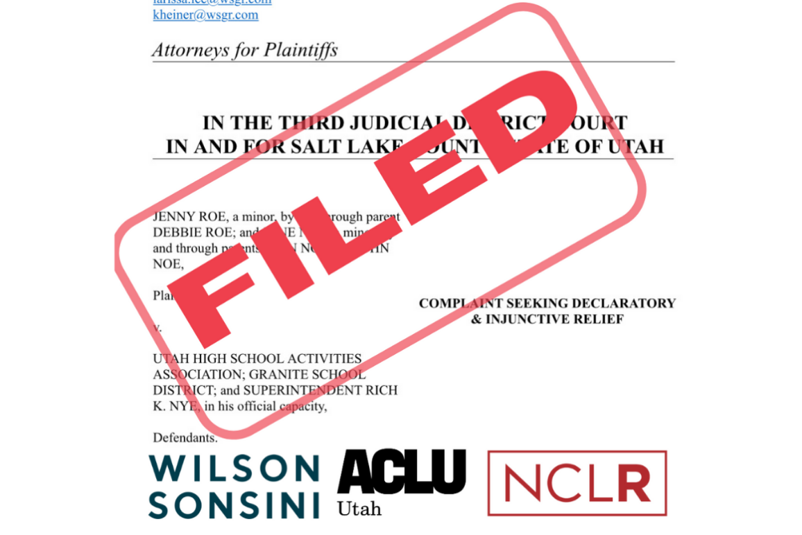 A photo of the lawsuit filed by the ACLU of Utah with a red stamp over it that says "filed".