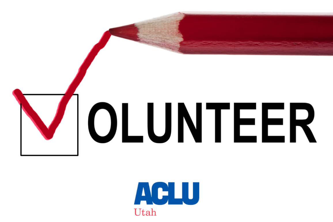 Volunteer graphic with a check mark and box spelling out volunteer with a pencil above it. Then the ACLU Utah logo bottom center.