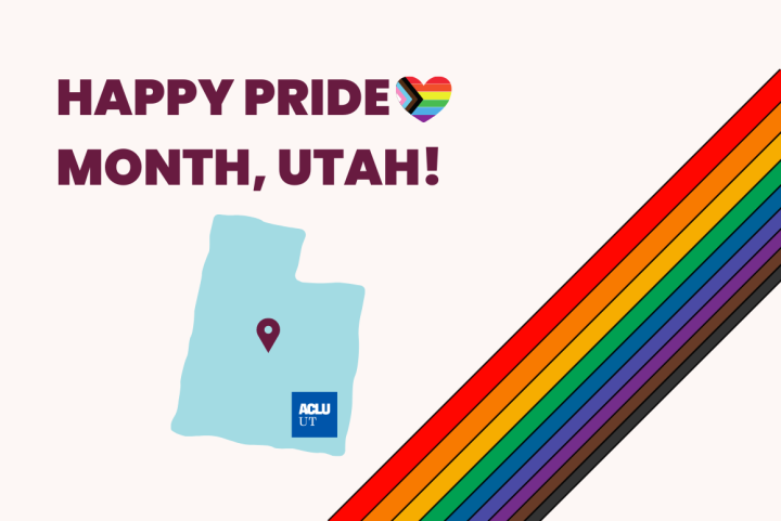 Graphic reading: Happy Pride Month, Utah! with a Pride flag in a heart next to it. With a Utah state next to a rainbow.