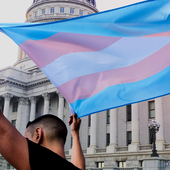 A person holding a transgender pride flag in front the Utah State Capitol. 