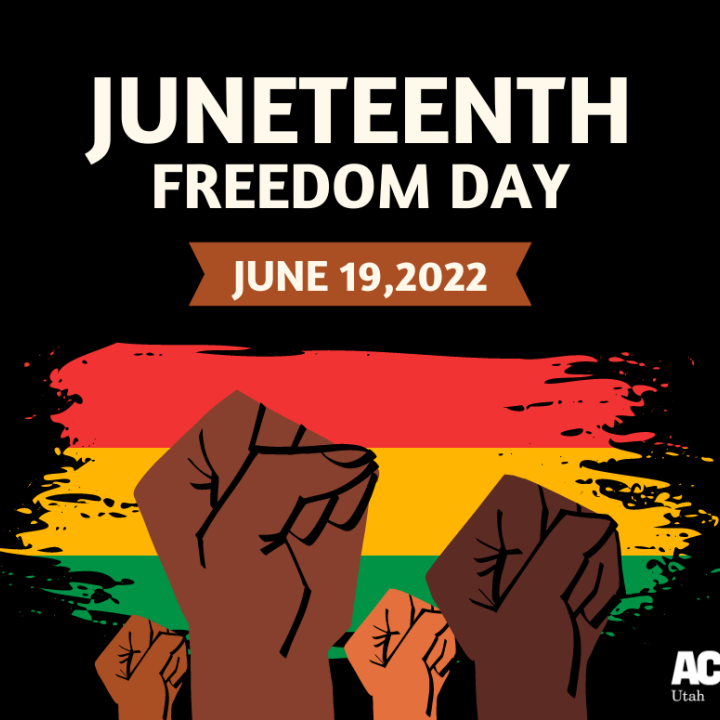 Graphic for Juneteenth 2019. It has for fists behind a red, orange, and green backdrop. 