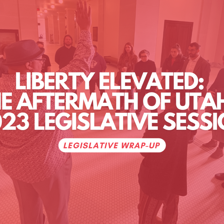graphic for aclu of utah's latest podcast. Liberty Elevated:  The Aftermath of Utah's 2023 Legislative Session