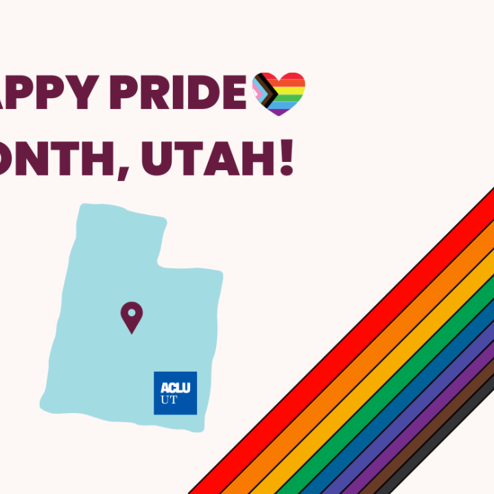 Graphic reading: Happy Pride Month, Utah! with a Pride flag in a heart next to it. With a Utah state next to a rainbow.