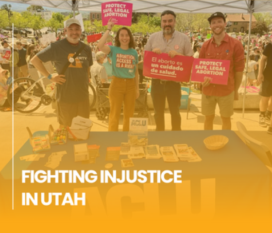 graphic for donations for aclu of utah. Photo of ACLU of Utah staff and supporters at a reproductive justice protest.